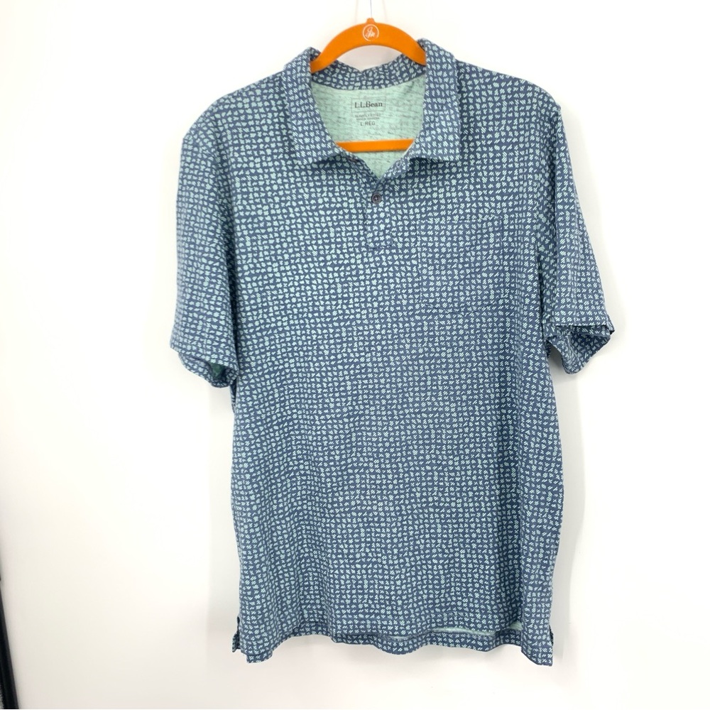 LL Bean Men Size Large Shirt Short Sleeve Polo Organic Cotton‎ Blue Printed Top